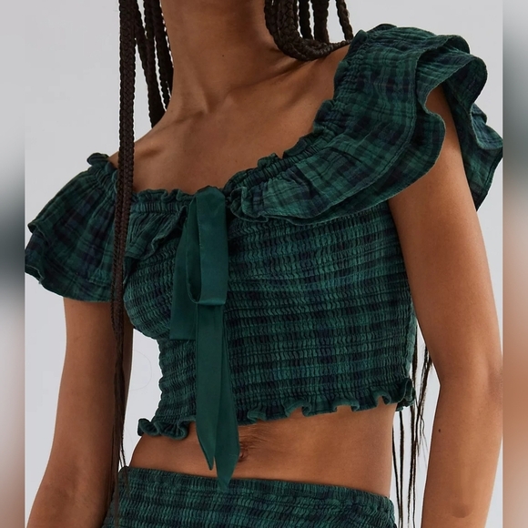 Free People Stretchy Annabeth Green Plaid Top & Skirt 2pc Set, Rainforest, MED - Picture 4 of 13